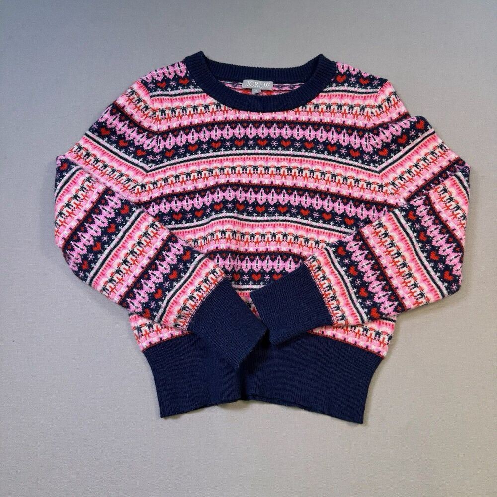J Crew Womens Fair Isle Winter Sweater M Pink Blue Heart Nordic LambsWool Blend